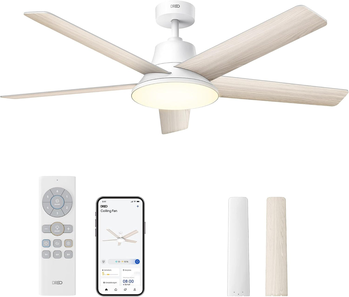 DREO Deckenventilator, 132 cm, Weiß/Hellbraun, Smart mit Licht, 12 Geschwindigkeiten, 3 Modi, stufenlos dimmbares LED-Beleuchtung