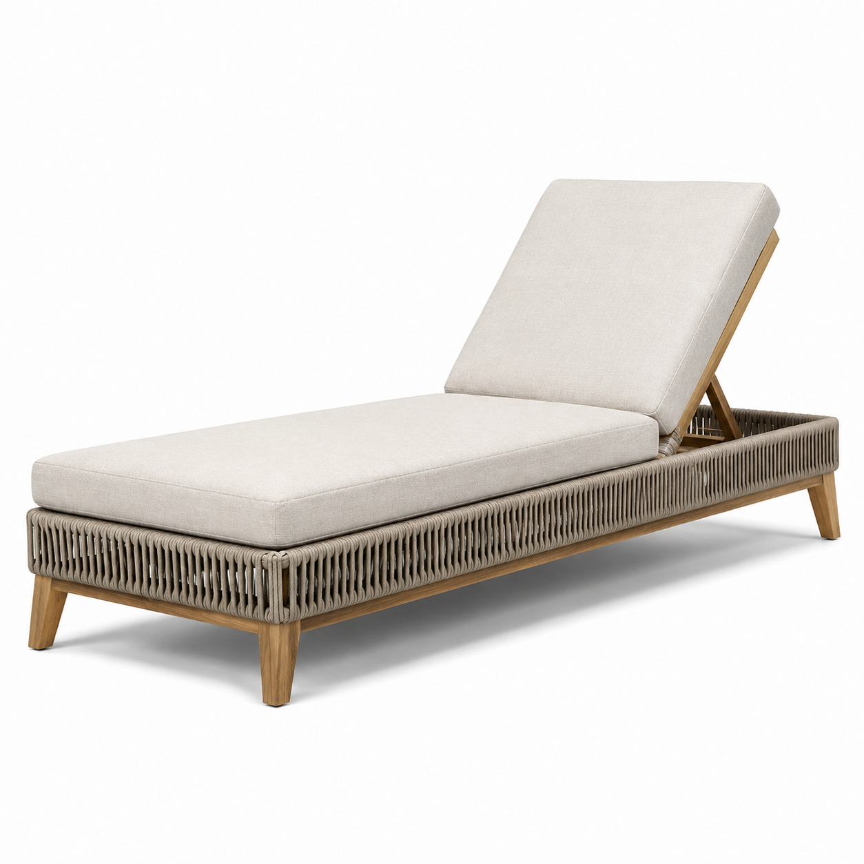 Gartenliege aus Holz mit Seilgeflecht und verstellbarer Rückenlehne, Beige/Taupe/Natur, 200 × 75 × 95 cm