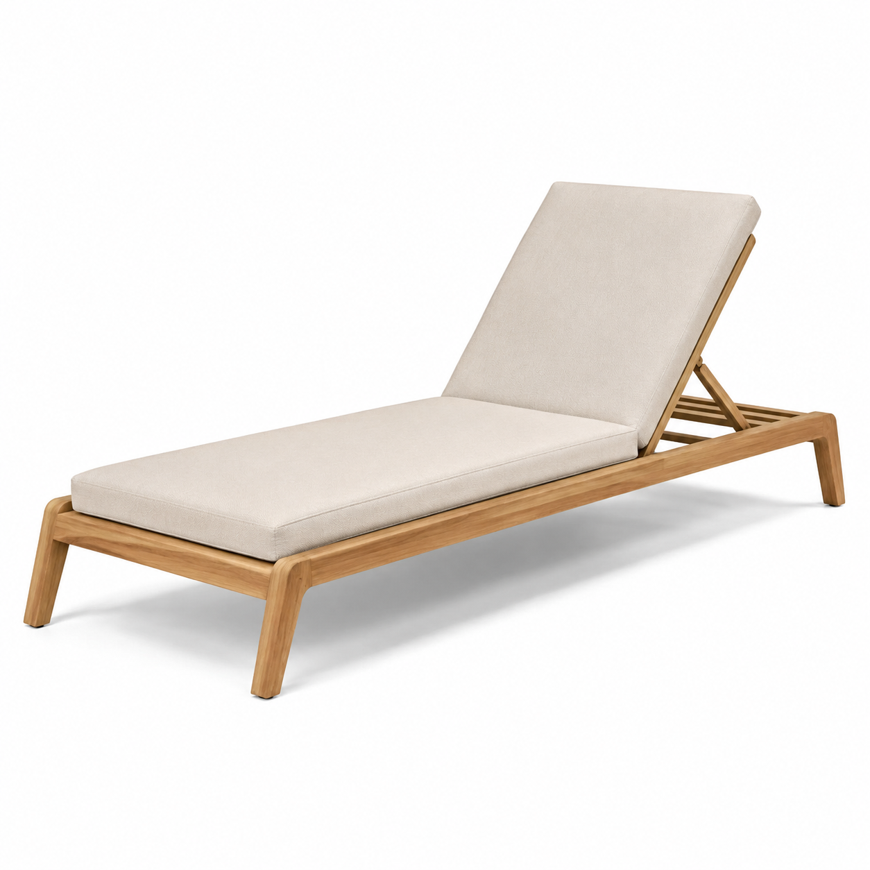 Gartenliege aus Holz in Natur und Beige, 200 × 70 × 85 cm, mit verstellbarer Rückenlehne und Polsterauflage