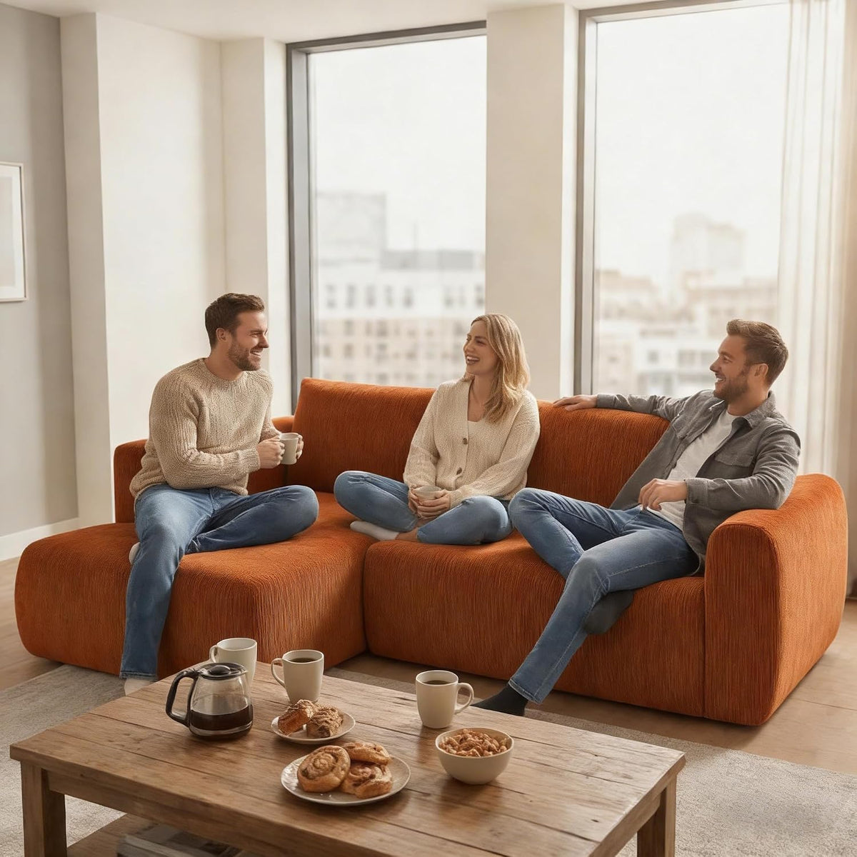 Sofa Yeecle, Orange, Eck mit Schlaffunktion aus Cord, Modernes Cord-Schlaf, weich gepolstertes 3-Sitzer ohne Holzrahmen