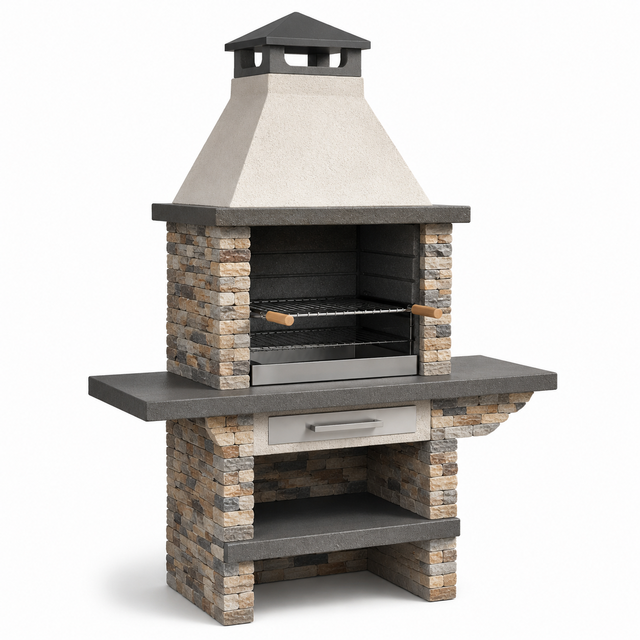 Grillkamin aus Stein und Stahl mit 2 Grillrosten und Ablage, Grau/Beige/Braun/Schwarz, 120 × 65 × 210 cm