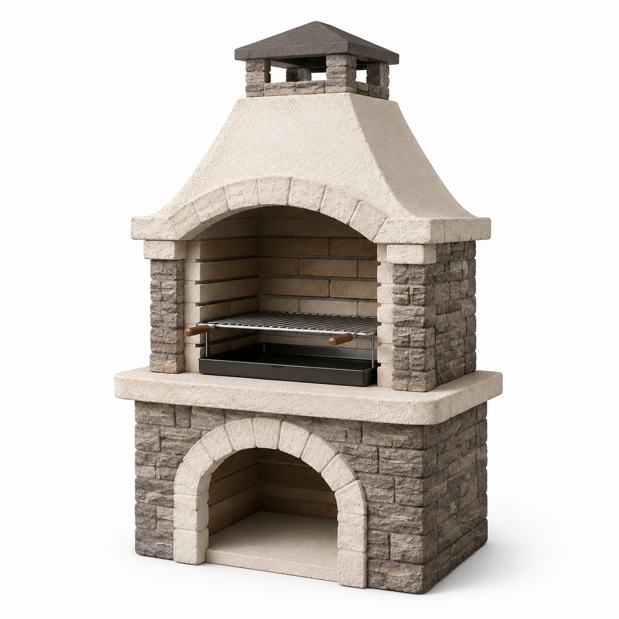Gartenkamin in rustikaler Steinoptik mit Grillrost und Rauchabzug, 110 × 65 × 210 cm, Beige/Grau/Schwarz