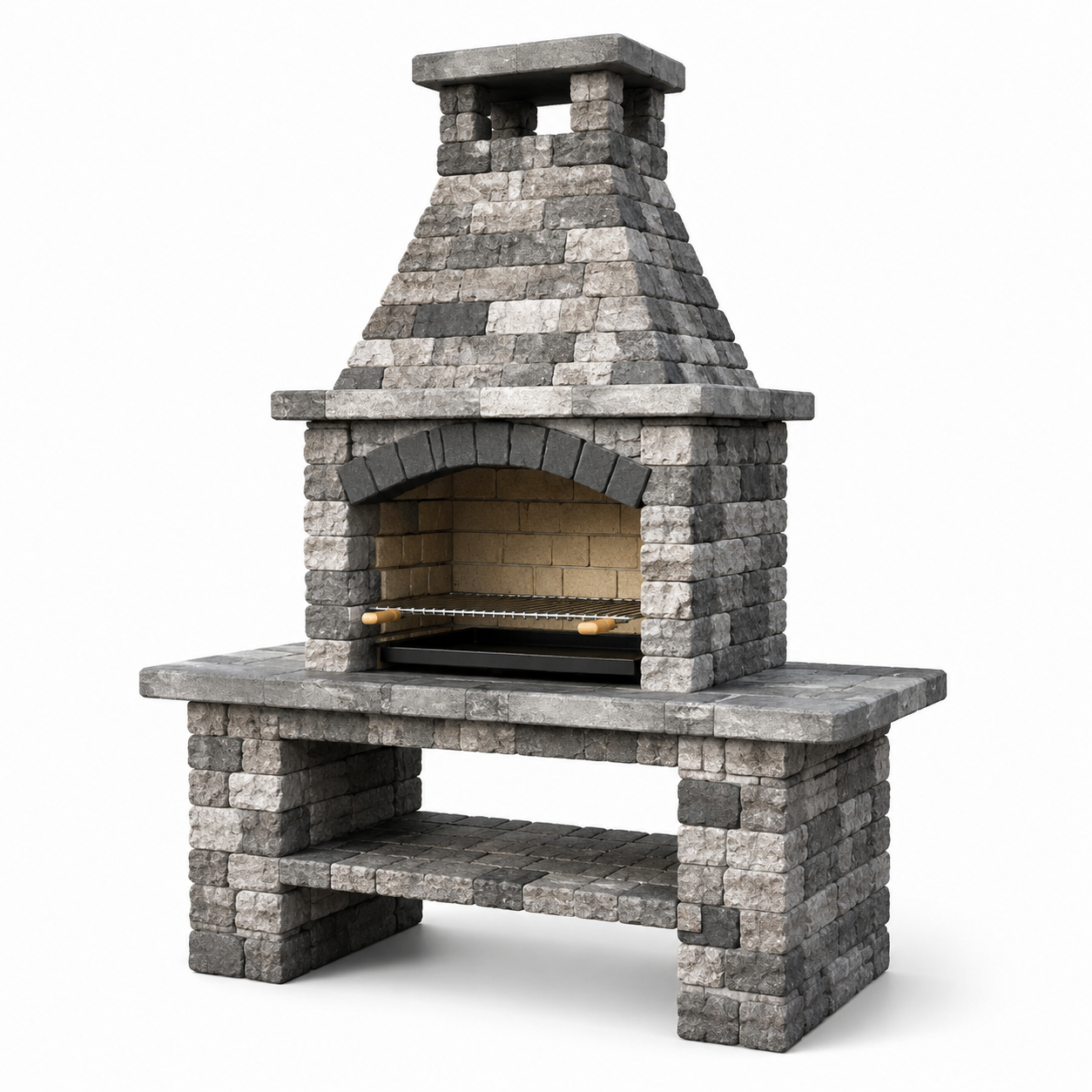 Steingrill mit Kamin, Arbeitsfläche und Ablage, 160 × 80 × 220 cm, Grau/Dunkelgrau/Beige/Schwarz