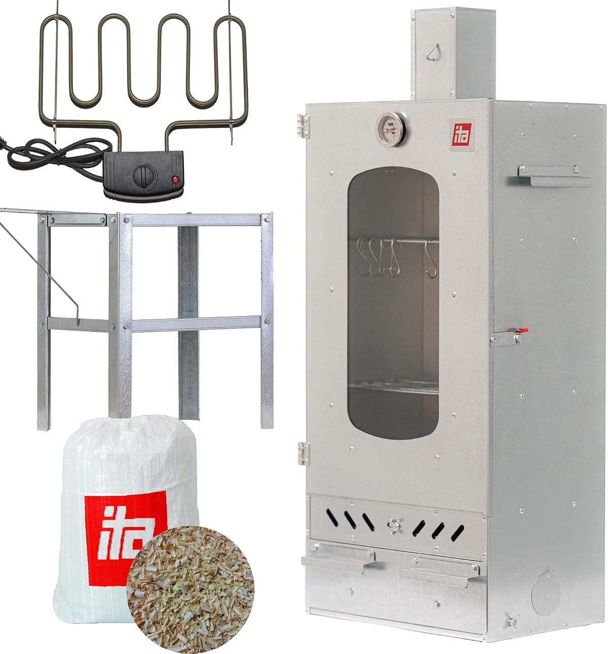 ITA Outdoor-Grill, Silber, Räucherofen 7012 - Smoker Set mit Heizelement, Tisch & Räucherspänen - Räucherschrank mit 3 Etagen
