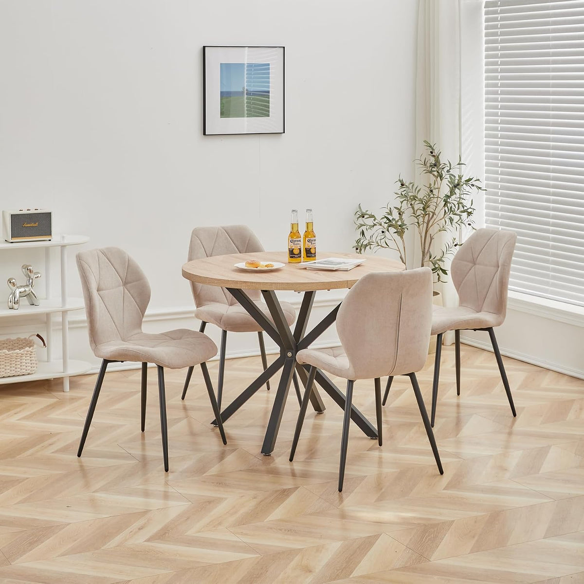 DEYARNA HOME Essgruppe, 76.5 cm, 100 cm, Khaki/Helle Holzfarbe, Set Tisch und Stühle, Runder Esstisch und 4 Leinen-Esszimmerstühle