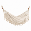 Boho-Hängematte aus Baumwollmischgewebe, 300 × 150 cm, Creme/Braun, mit Fransen und Seitentasche
