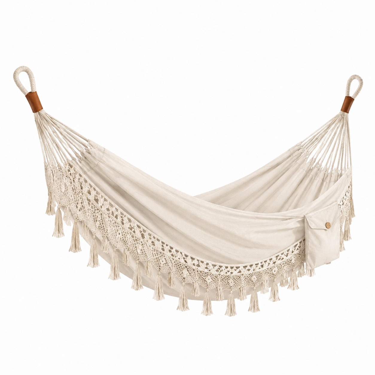 Boho-Hängematte aus Baumwollmischgewebe, 300 × 150 cm, Creme/Braun, mit Fransen und Seitentasche