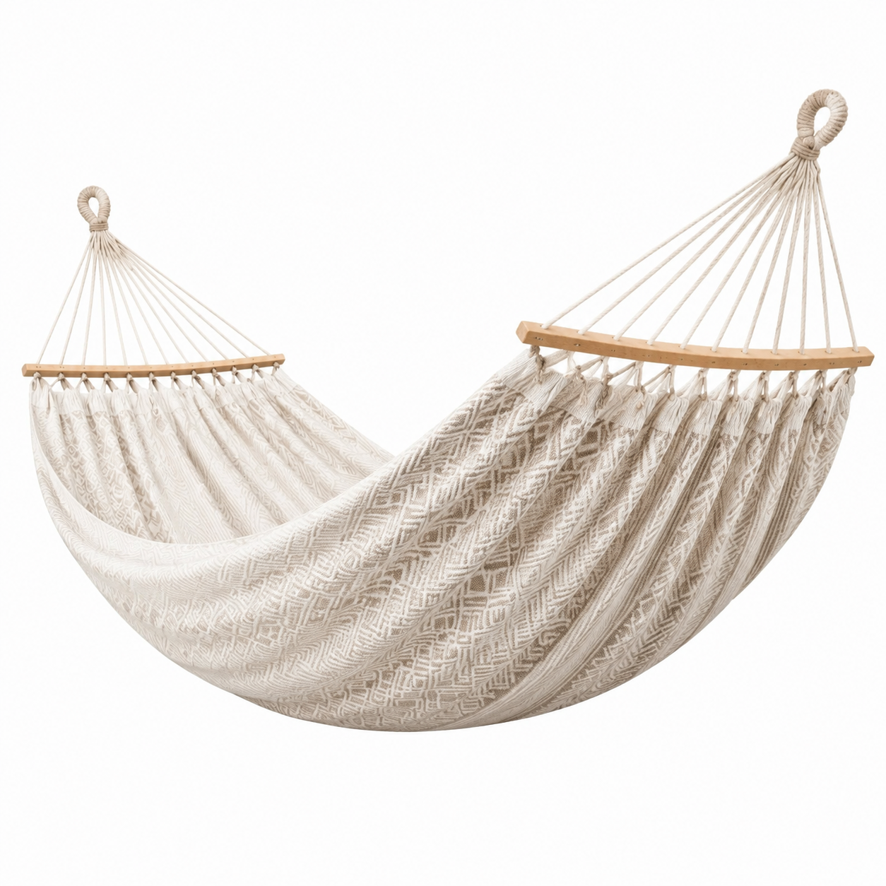 Baumwoll-Hängematte mit Holzspreizstäben, 300 × 150 × 1 cm, Creme/Beige/Hellbraun