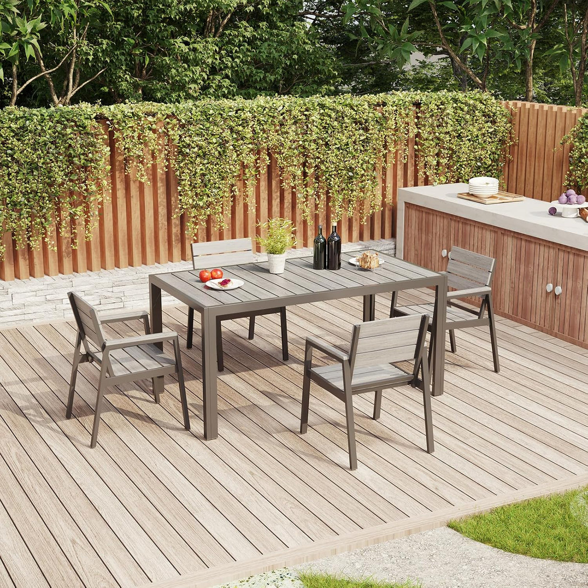 TRIUMPHKEY Gartenmöbel-Set, 150 cm, Grau, Aluminium Gartenmöbel 4+1, Gartenmöbel Set mit 1 PS Gartentisch und 4 Gartenstühle