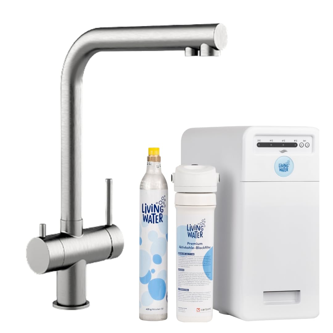 LiViNG WATER Filterkannen, Silber, Sprudel-Wasserhahn mit Kohlensäure, Untertisch-Trinkwassersystem mit 5-Wege-Edelstahl-Armatur