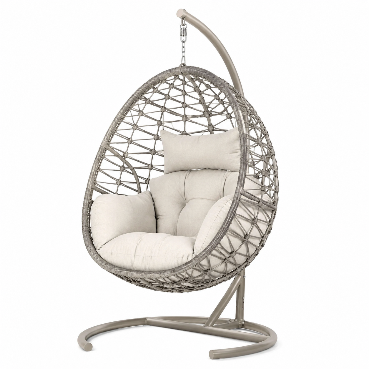 Freistehender Hängesessel aus Metall und Polyrattan mit Polsterauflage, Grau/Creme, 105 × 105 × 195 cm
