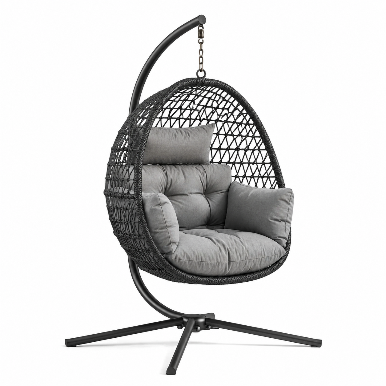 Hängesessel mit Gestell, 105 × 105 × 195 cm, Stahl und Polyrattan, Schwarz/Grau, für innen und geschützte Außenbereiche