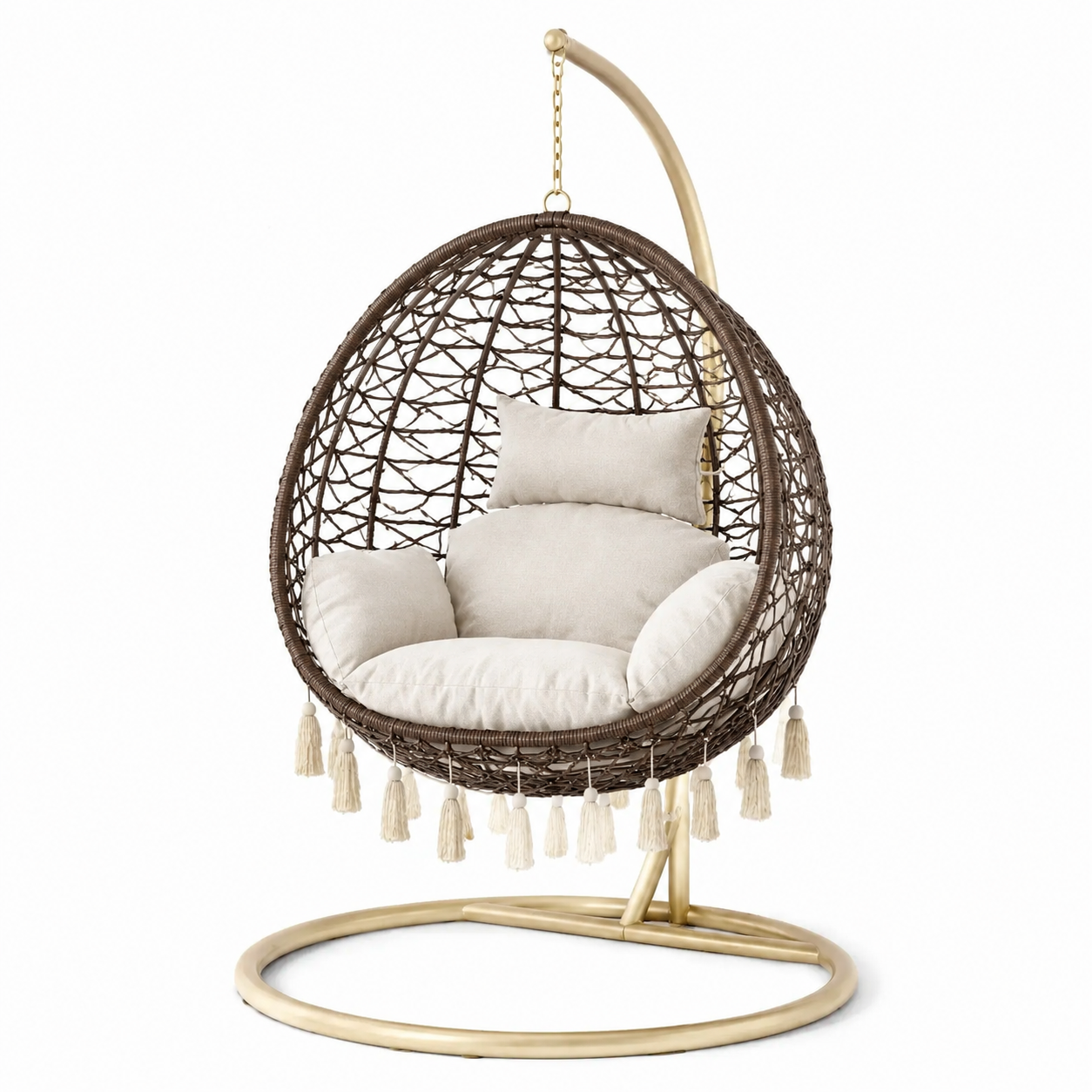Freistehender Hängesessel mit Gestell und Polstern, 105 × 105 × 195 cm, Braun/Beige/Gold