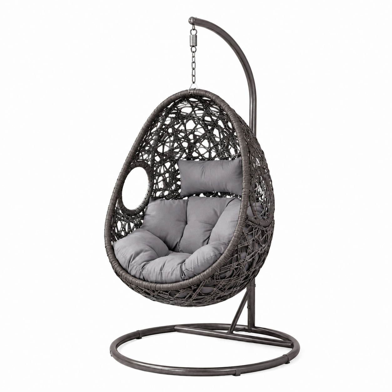 Freistehender Hängesessel aus Stahl und Polyrattan, 105 × 105 × 195 cm, Dunkelbraun/Grau