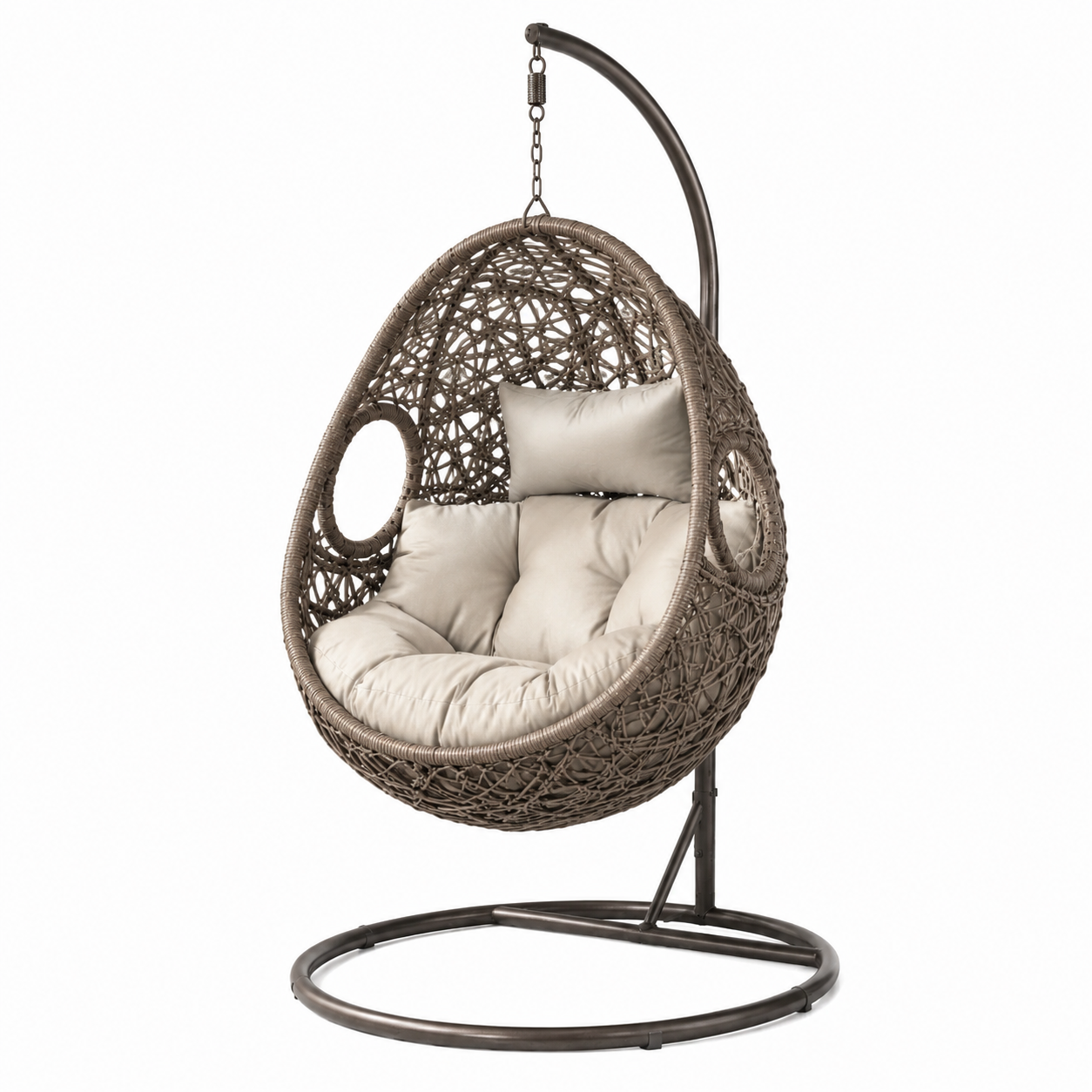 Freistehender Hängesessel aus Polyrattan mit Stahlgestell und Polstern, Taupe/Dunkelbraun/Beige, 105 × 105 × 195 cm
