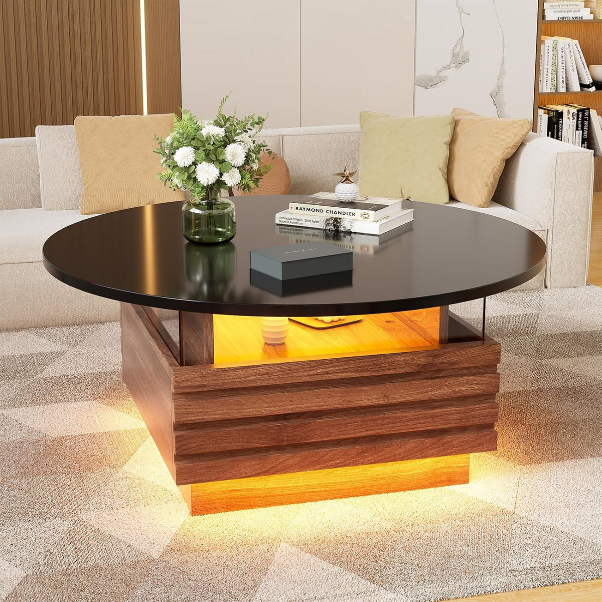 MSFE Sofa, 80 cm, Schwarz, Runder Couchtisch mit LED Wohnzimmertisch mit 2 Schubladen, Büro, Zuhause Ø x 40cmH