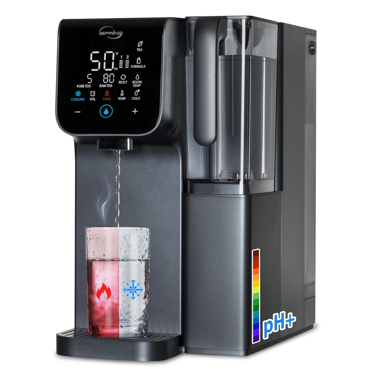 iSpring Monitor, Schwarz, RCD100HCG-E Heißes & kaltes Auftisch Umkehrosmoseanlage mit, TDS- & Filter-Lebensdauer