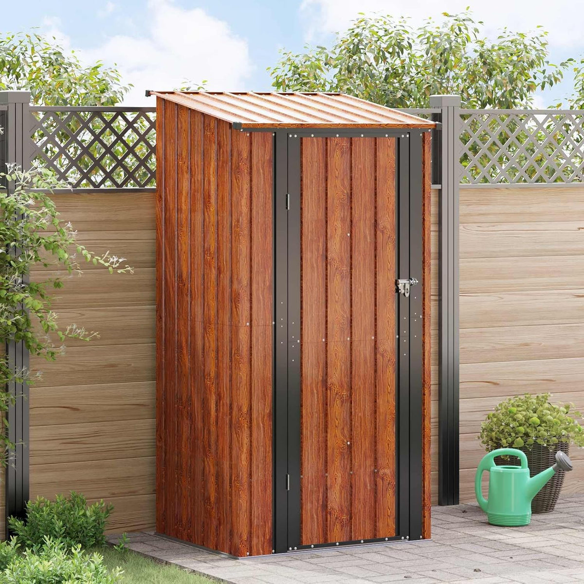 Mokuyary Gerätehaus, 103 x 86 x 200 cm, Metall, Braun, Gartenhütten Metall Gartenhaus, Geräteschuppen Schuppen für den Außenbereich Garten
