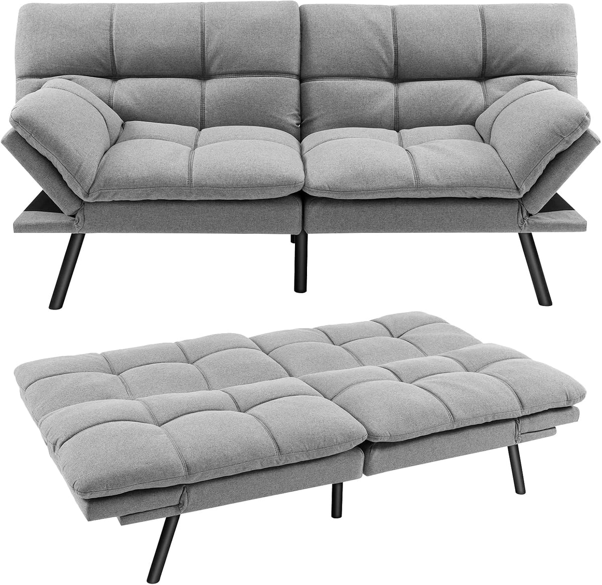 COSTWAY Sofa, 182 x 106,5 cm, Schwarz, Klappbares Schlaf, mit Schlaffunktion, umwandelbares Schlafcouch mit Verstellbarer Rückenlehne