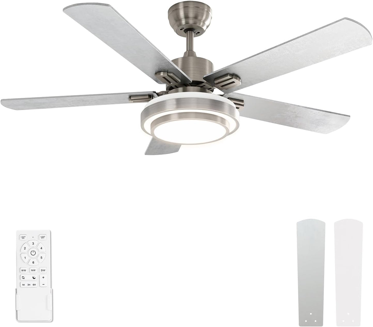 warmiplanet Deckenventilator, 132 cm, Nickel, mit LED-Licht und Fernbedienung, gebürstetes, 6 Geschwindigkeiten