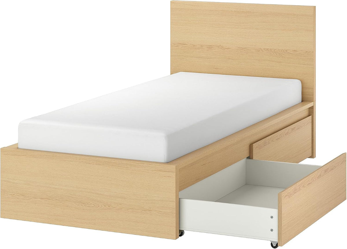IkeaProduktbeschreibungen Bettrahmen, 90x200 cm, Eiche, IKEA MALM Bettgestell, hoch, mit 2 Aufbewahrungsboxen, nfurnier weiß gebeizt/Luröy