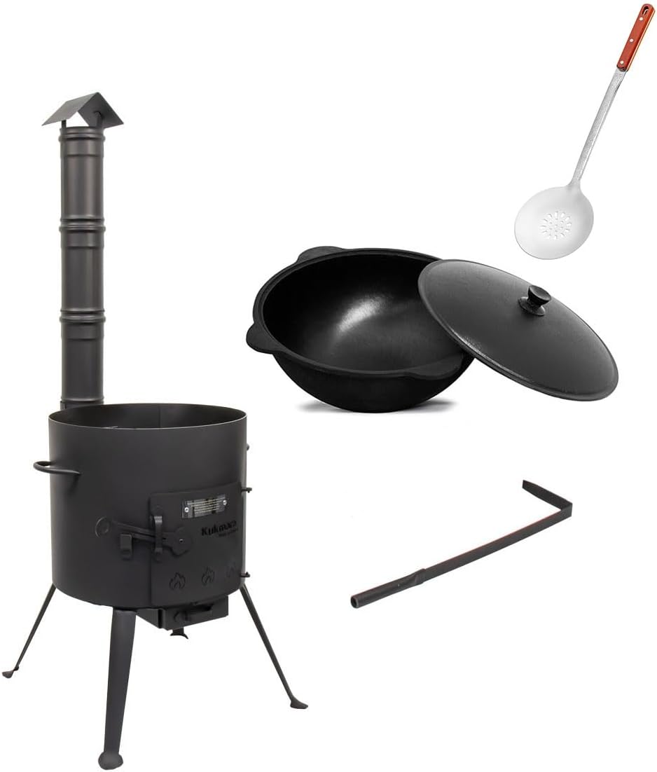rukauf Außenküchen, 10 Liter, 47 cm, 37m, 10 L, Schwarz, SET Kukmara Utschak mit Abzugs-Rohr, + Gusseisen Kazan INNEN GLATT + Schaumlöffel - Feldküche