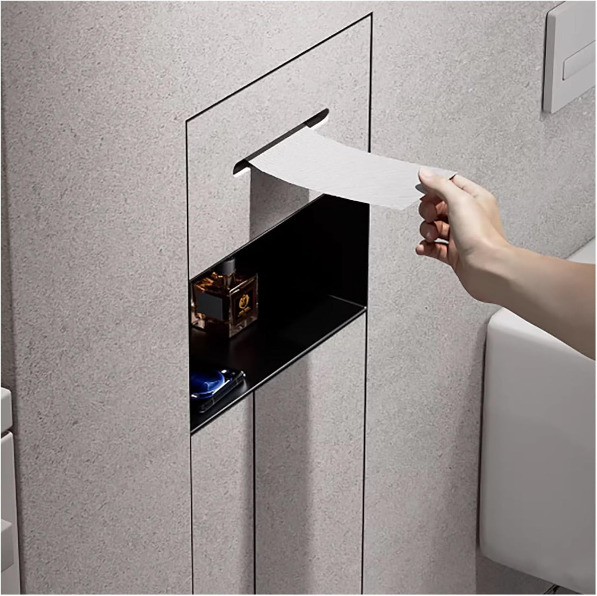 YLLFFLL Toilettenpapierhalter, Grau, 3-in-1 Befliesbar Edelstahl Unterputz-schrankmodul, Wandeinbau Wandnische mit Müll Aufbewahrung Toilettenbürste