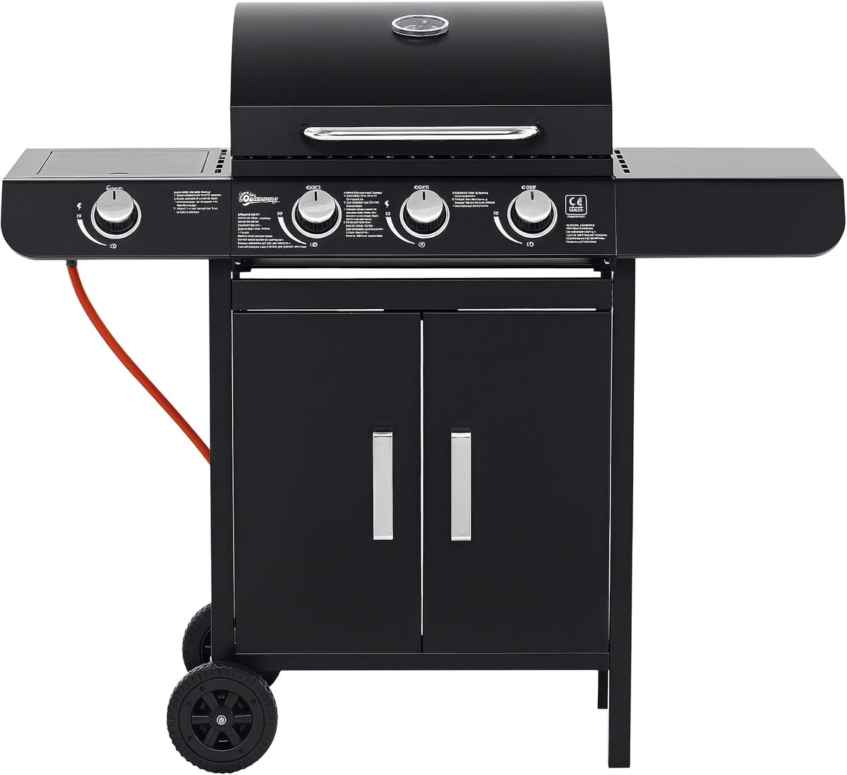 Outsunny Gasgrill, 110 x 50 x 100 cm, 11,6 KW, Schwarz, Grillwagen inkl 4 Edelstahl-Brenner Thermometer Kochplatte