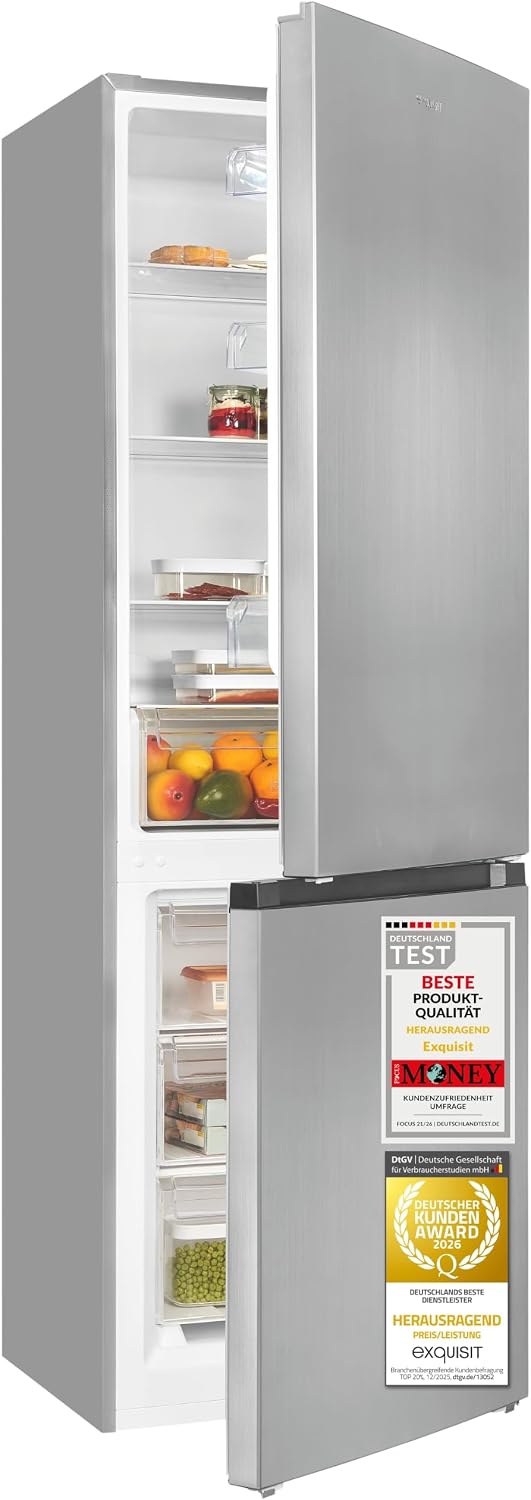Exquisit Kühl-Gefrierkombination, 185 cm, 315 l, Weiß, Inoxlook, Energieklasse C