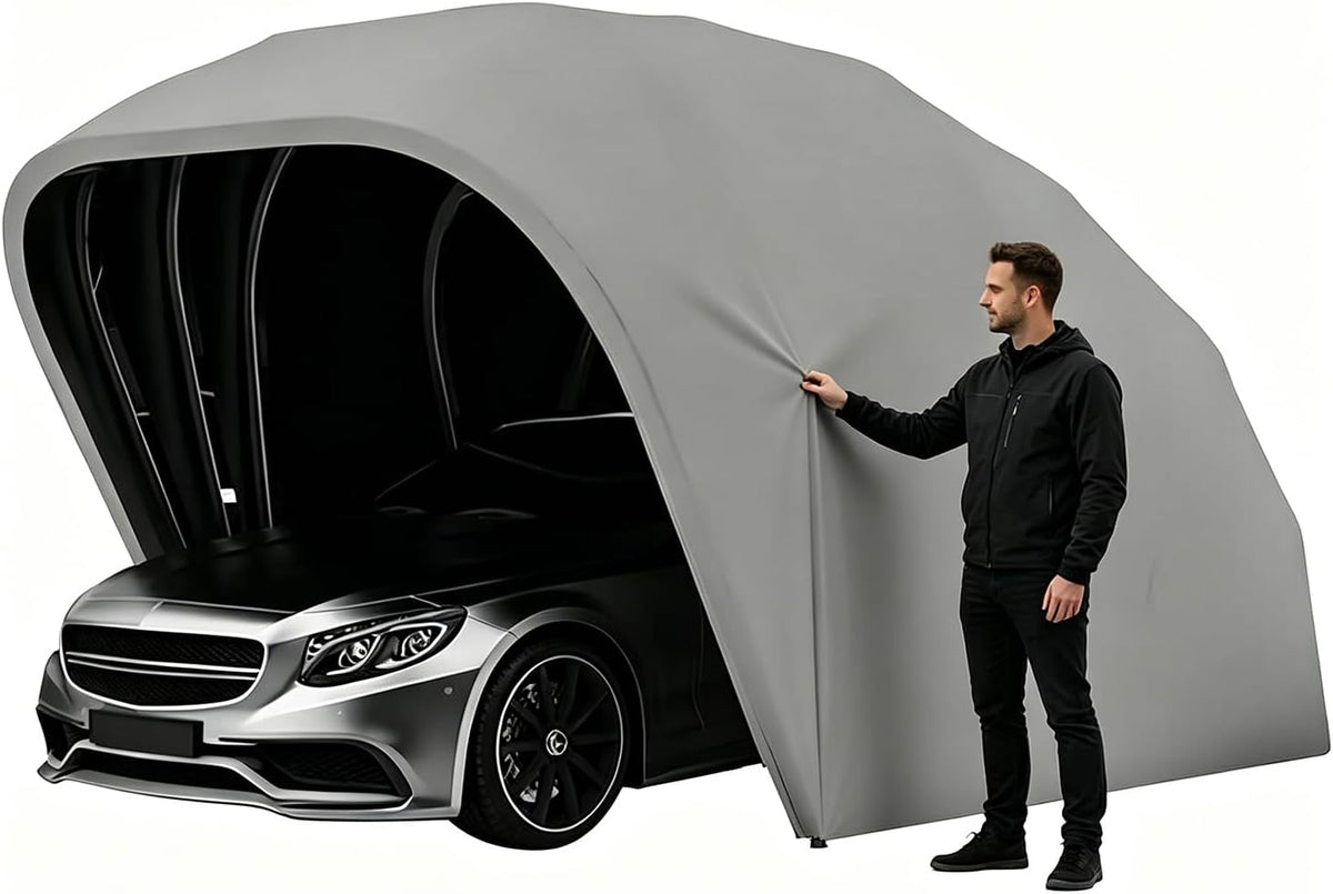 BEDCKCC Carports, 2,3m, Grau, Halbautomatischer Faltgarage Auto, Faltbarer Mobile Zeltgarage aus Edelstahl, 600D Oxford-Gewebe Garagenzelt mit Schloss