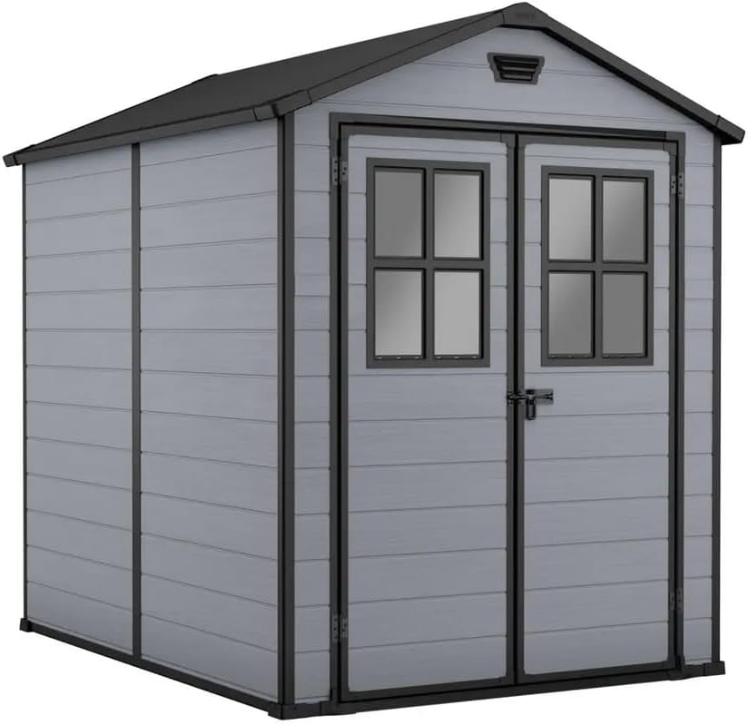 Keter Gerätehaus, 185,8 cm, 236,8 cm, 168,9 cm, 219,7 cm, grau/schwarz, Lineus 6x8 Gartenhaus mit Türfenster, Außenmaße: x x 227 cm