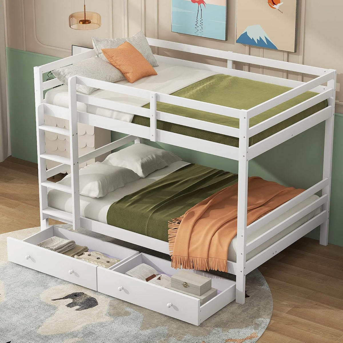 Zravenna Bett, 140x200 cm, Weiß, Hoch 140x200, Etagen mit Schubladen, Kinder für 2 Kinder, Stauraum, Hohe Geländer