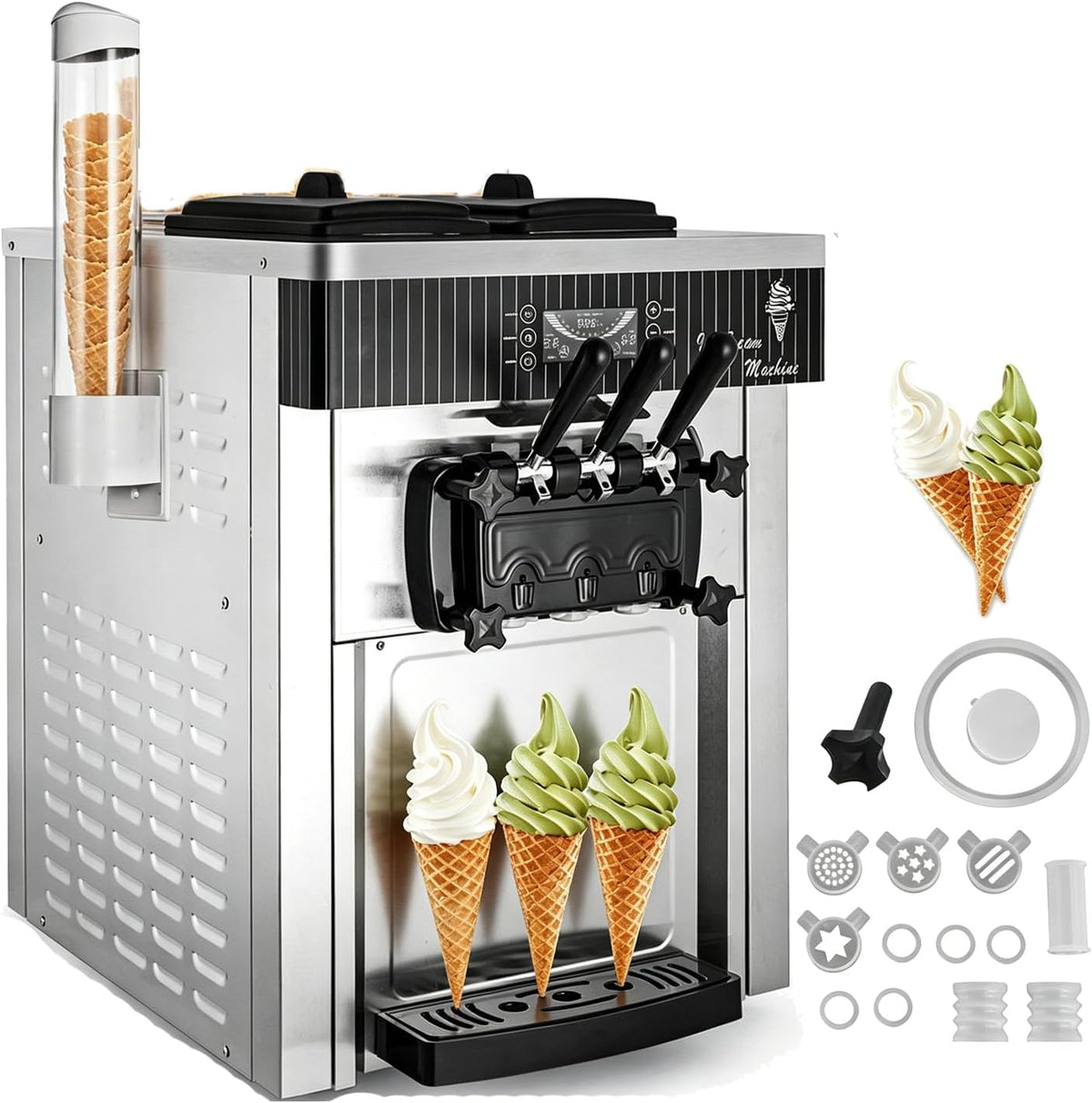 Furvveerr Eismaschine, 2200 W, 28 L, 6 L, Schwarz, Kommerzielle, Kommerzielle Soft, Gewerbliche Eiscrememaschine mit 3 Aromen & 2 x & LED-Panel