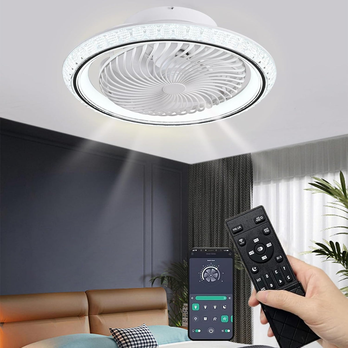 Qiaomao Deckenventilator, 49 cm, 72 W, Schwarz, Ventilator Deckenleuchte, Moderne 360° Drehung mit Beleuchtung und Fernbedienung App