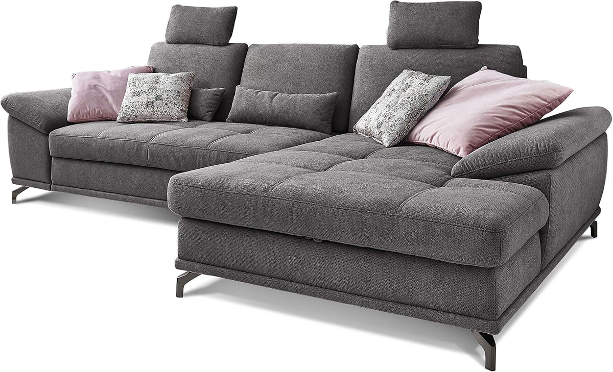 Sofa CAVADORE, Grau, Schlaf Castiel mit Federkern/Großes Bett in L-Form mit, Sitztiefenverstellung