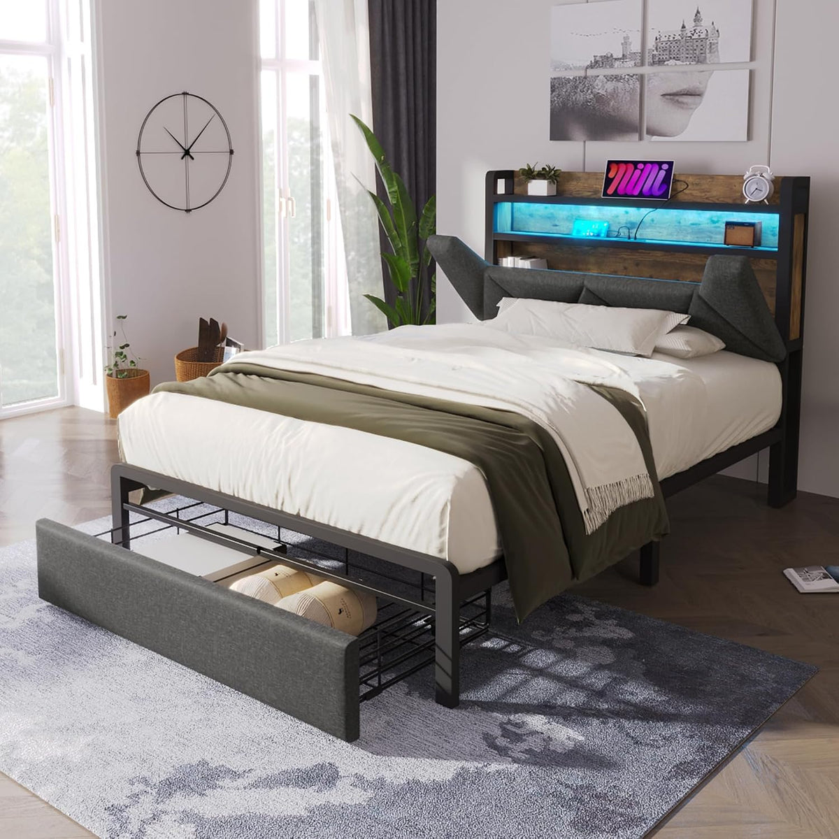 ZYLOYAL10 Matratze, 90x200 cm, Grau, Polsterbett Doppelbett mit Aufladen USB Ladefunktion, Doppelbett Stauraumbetten Bettgestell
