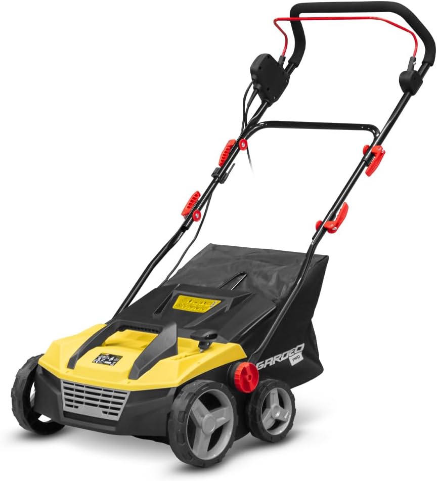GARDEO Kehrer, 1600 W, 38 cm, 48 L, Gelb/Schwarz/Rot, Elektrische Kunstrasen-Kehrmaschine, Arbeitsbreite, Fangkorb