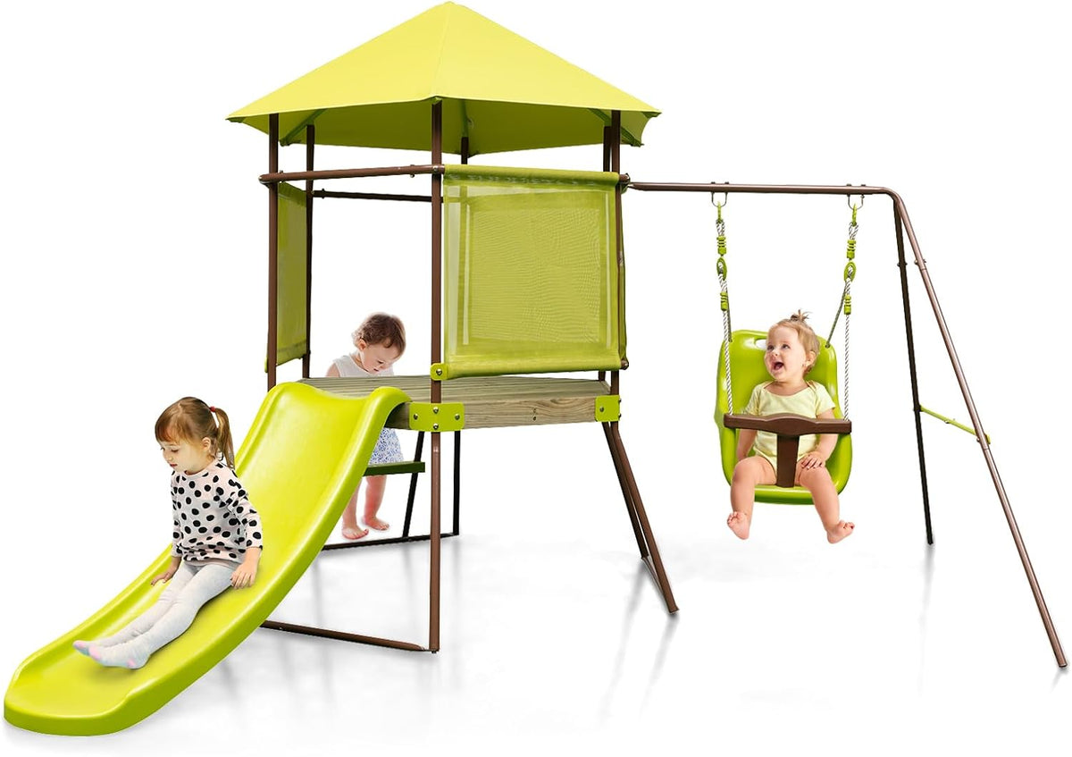 KOMFOTTEU Klettergeräte & Schaukeln, Grün/Braun, Kinder Spielturm Klettergerüst, 4 in 1 Kinderspielplatz mit Rutsche