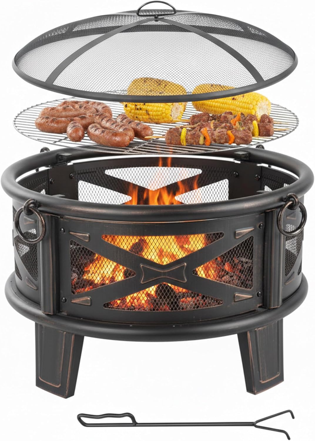 Relaxdays Feuerschalen & -körbe, 66 cm, schwarz, mit Grillrost, Funkenschutz & Schürhaken, Feuerstelle Garten, Feuerkorb