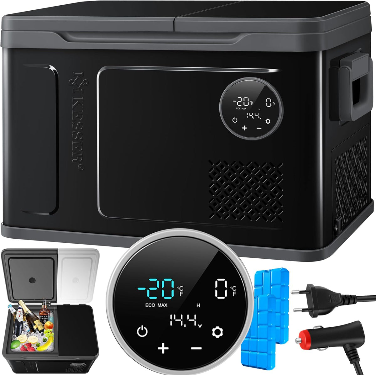 KESSER Kühlschrank, 230 V, 24 V, Schwarz/Grau, Kompressor Kühlbox 2in1 Doppelzone Kühl & Gefrierfach, Kühlung bis -20 °C für Camping