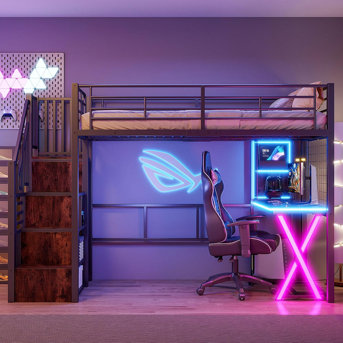 Jovify Matratze, 90 x 200 cm, Schwarz, LED Hochbett 90x200 cm mit Schreibtisch, Bücherregal, Treppe und Kleiderschrank