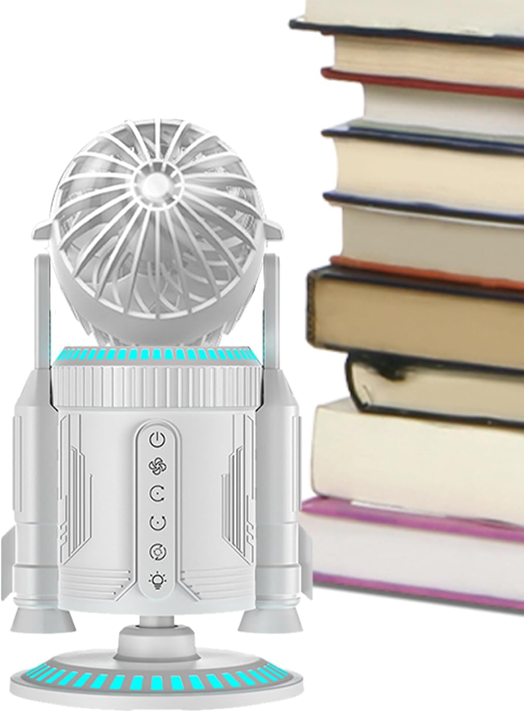 Tischventilator Schreibtisch, ABS + POM., Weiß, leise, 5000 U/min, mit Licht, Raketenform, drehbarer Luftzirkulator für Kühlung