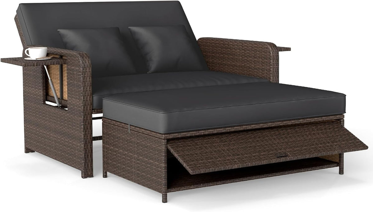 COSTWAY Sofa, Schwarz, 3 in 1 Polyrattan Sonnenliege, Gartenliege mit Verstellbarer Rückenlehne & Seitenablagen