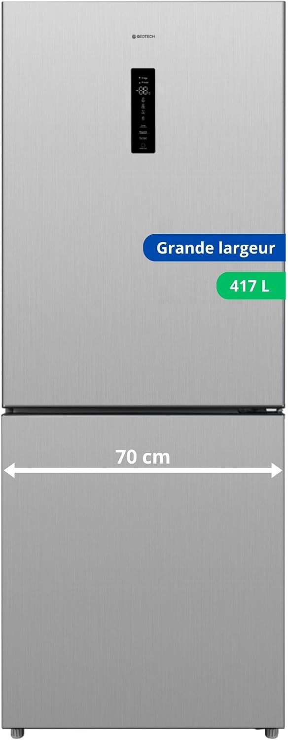 GEDTECH Gefrierschrank, 70 cm, 417 L, Edelstahl, Kombi-Kühlschrank GCB417NFIX große Breite, unten, No Frost