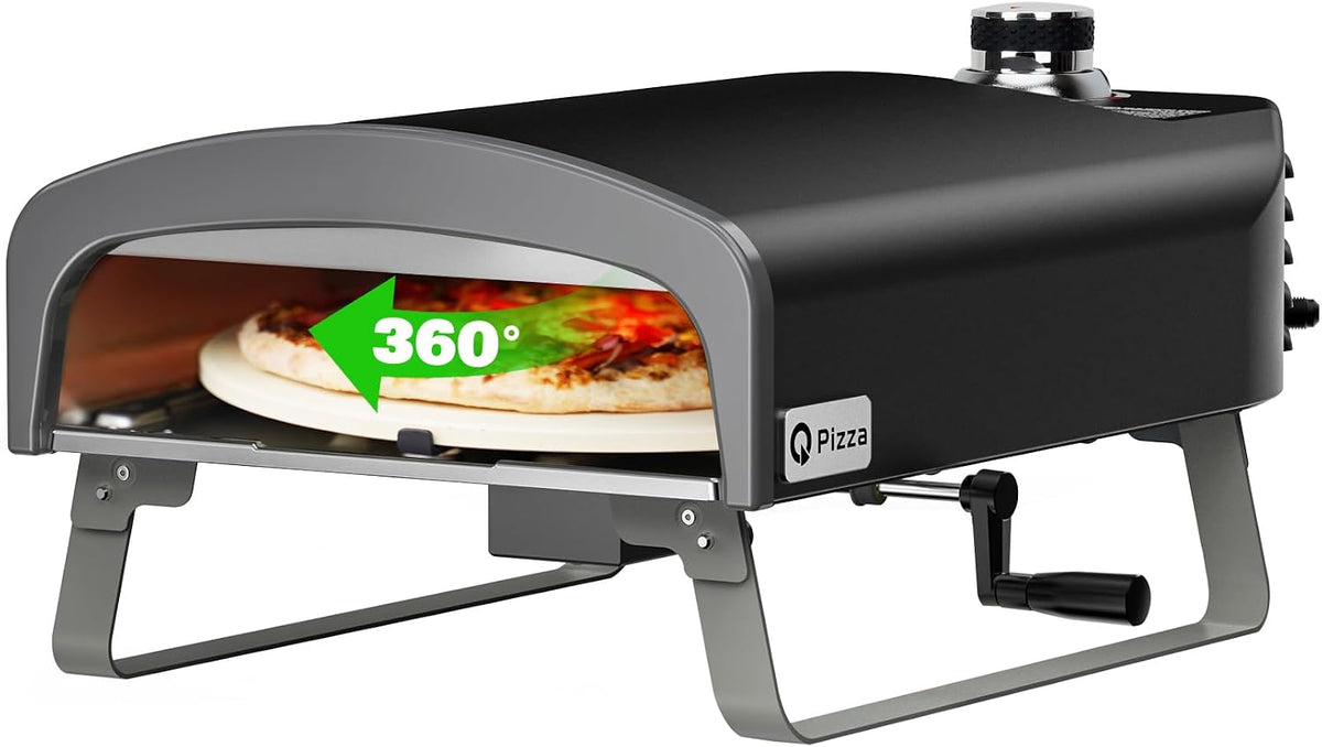 DOBADN Pizzaofen, 33 cm, Schwarz/Silber, Q Pizza Gas mit Manueller Drehfunktion, 500 Grad Pizza Grill für Outdoor Garten mit ⌀ Pizzaste
