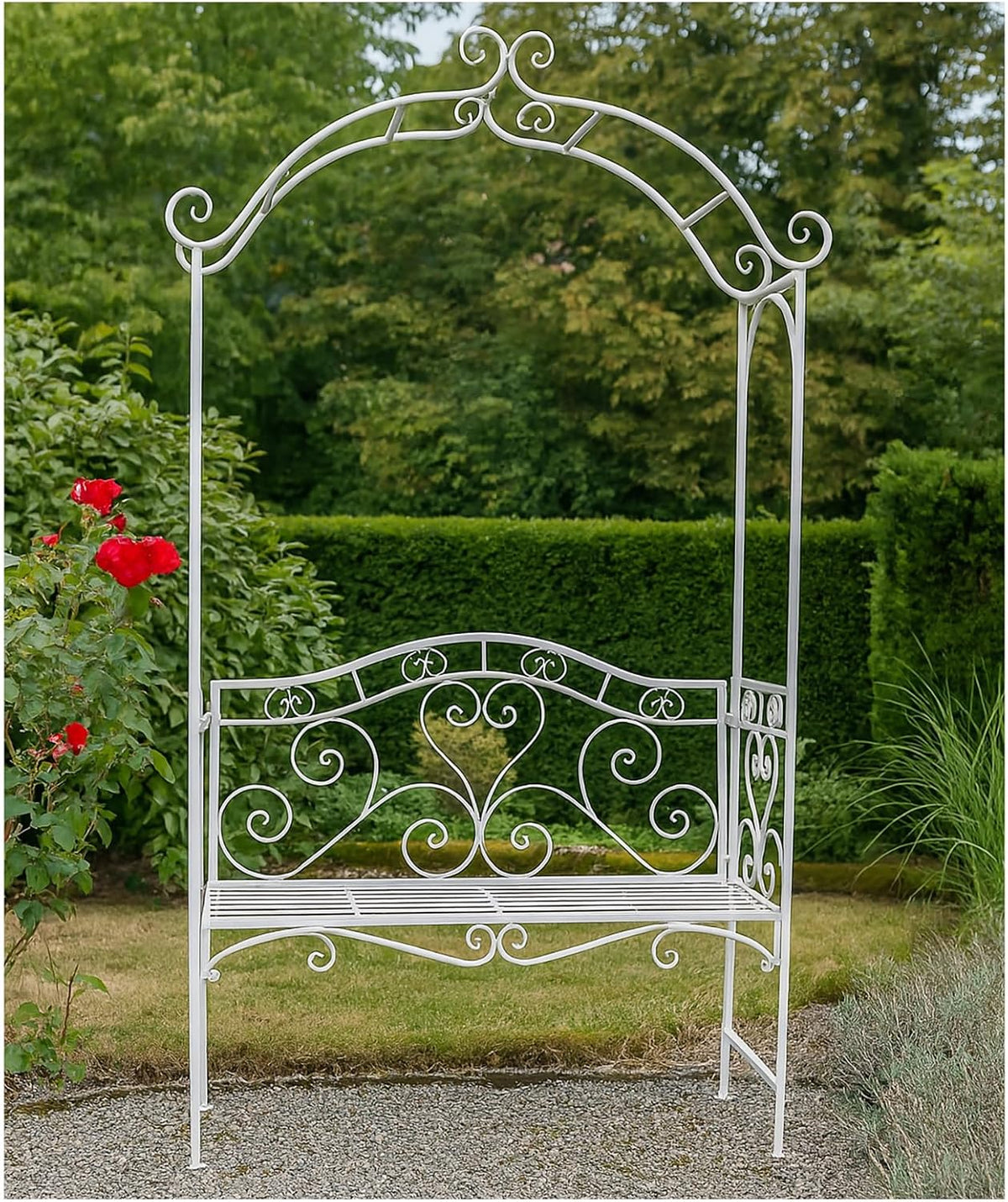 HTI living Sitzbank, Weiß, Romantische Gartenbank mit Rosenbogen aus Metall Celia