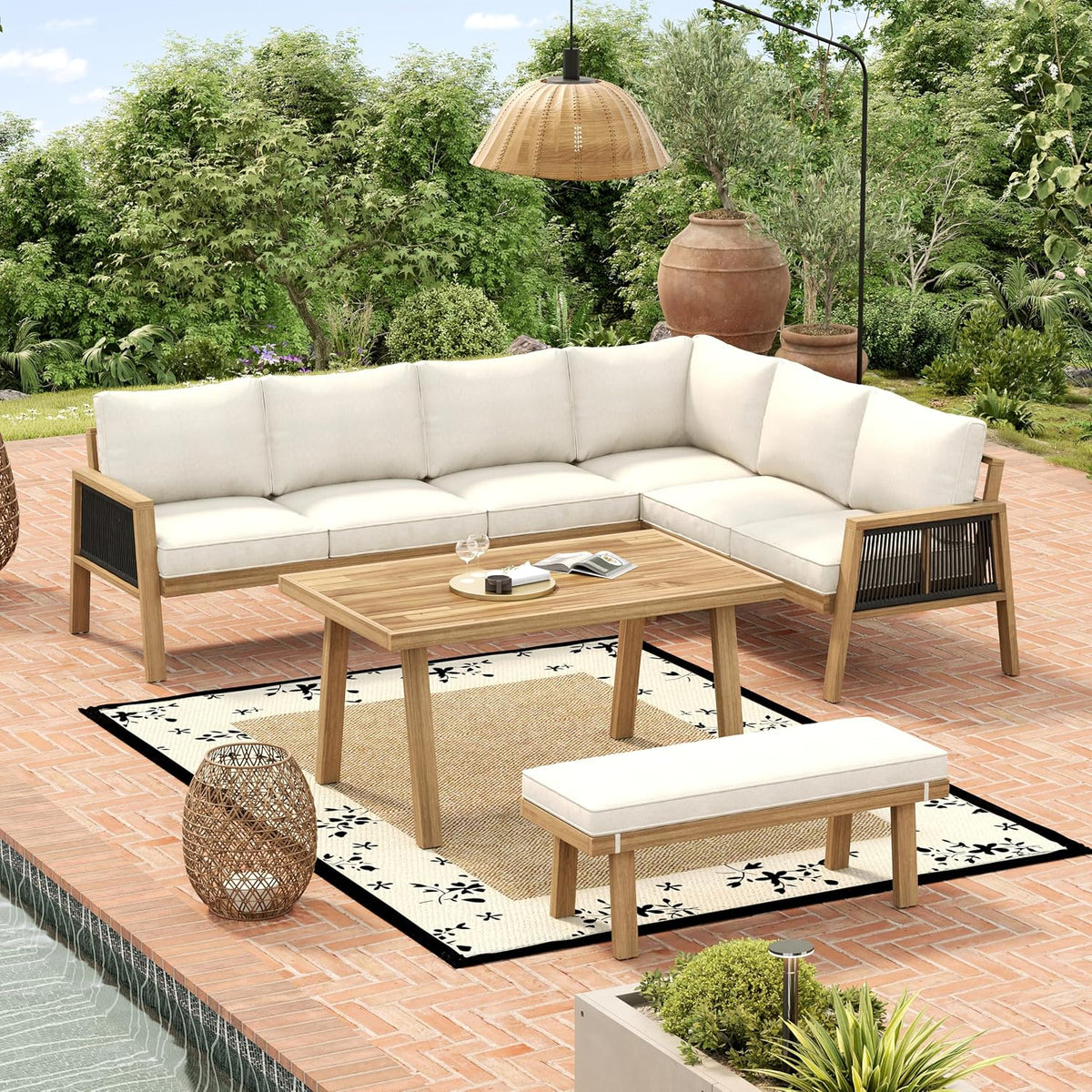 Sofa Merax, 120×61 cm, Natur/Creme, Gartenmöbel Set, Eck mit Couchtisch, Outdoor Lounge aus Akazienholz, Ecklounge mit Sitzbank