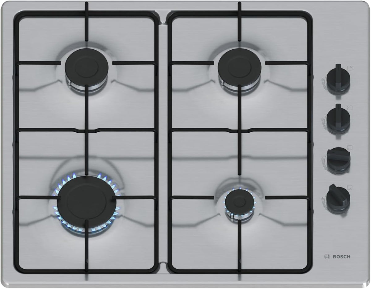 Bosch Kochfeld, 60 cm, Silber, PBP6B5K80 Serie 2 Gas, 4 Kochzonen, Thermoelektrische Zündsicherung, Sicherheits-Gasabschaltung