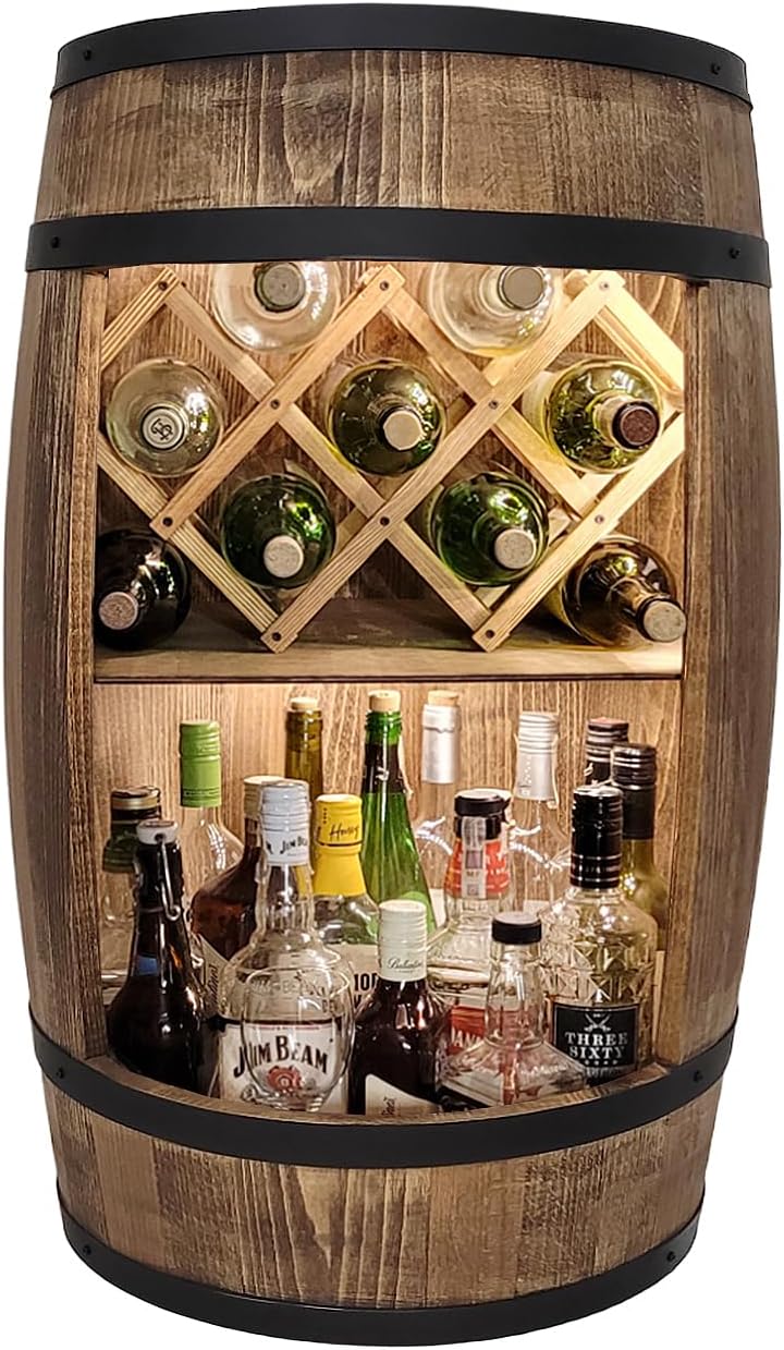 weeco Sideboard, 80 cm, Natur, Fassbar mit LED Beleuchtung und Weinhalter. Weinregal -, Fass. Fassbier