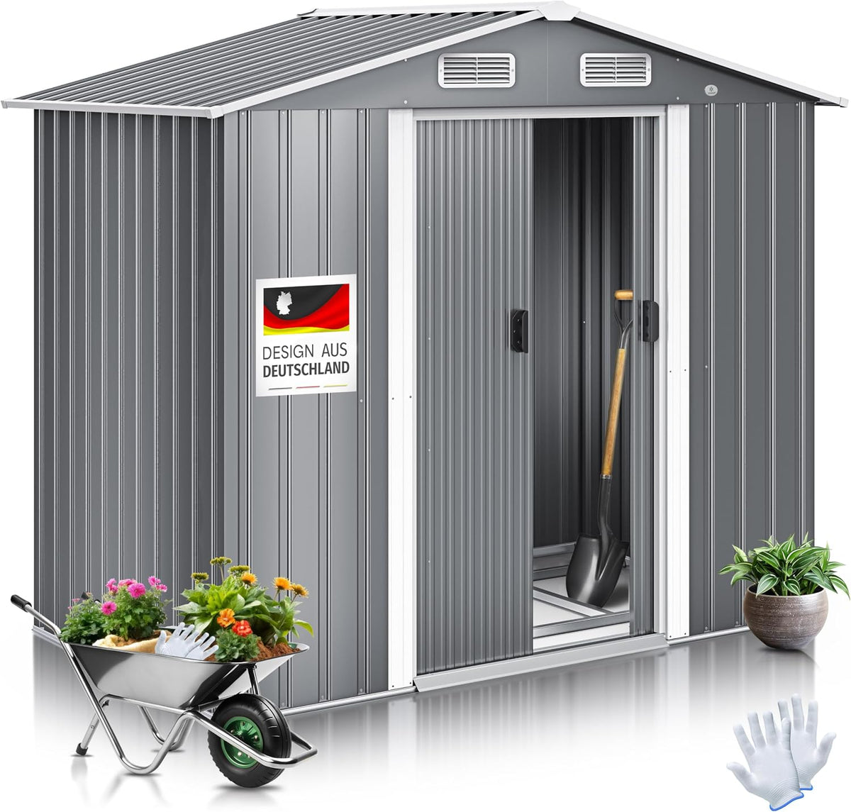 Gerätehaus KESSER, 195x131x186 cm, 4,2m, Grau, XL Metall ³ mit Fundament, Inkl. Arbeitshandschuhe, 2X Schiebetür & Fundament